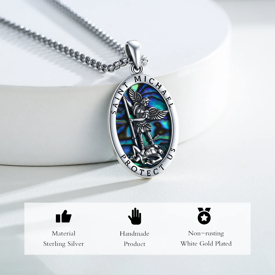Abalone Shell Saint Michael Pendant Necklace in 925 Sterling Silver, a beautiful blend of protection, style and unique b