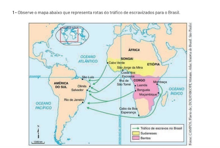 O Brasil foi o país que mais recebeu pessoas escravizadas da África na América Latina. Milhões de africanos foram arrancados de seu continente o que acarretou a desorganização dessas sociedades, de suas tradições e de seus laços familiares. A partir da análise do mapa, podemos observar que chegaram ao Brasil pessoas de diversas regiões da África dentre as quais se destacaram os grupos: