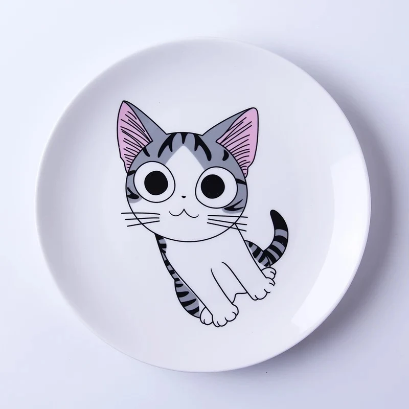 Plato de cerámica con diseño de gato de dibujos animados al estilo western. Sirve comidas y cenas con un toque divertido y original. Perfecto para niños y adultos.