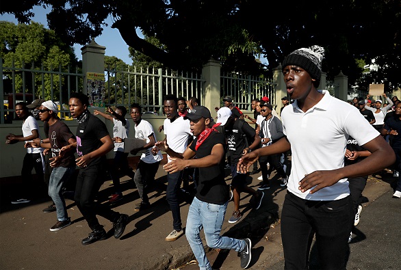 DUT students protest outside the Steve Biiko campus on Monday after a student, Sandile Ndlovu was stabbed in a lecture hall.