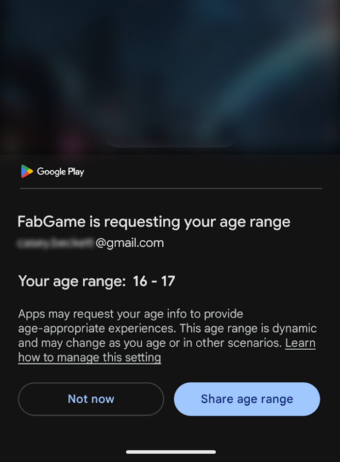 Exemplo de um app pedindo sua faixa etária