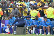 Mamelodi Sundowns co-coach Rulani Mokwena sits on a cooler box during the DStv Premiership match against Kaizer Chiefs at Loftus Versfeld Stadium on August 13.