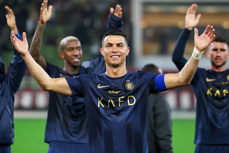 Cristiano Ronaldo of Al Nassr celebrates after they won their Saudi Pro League match against Al-Taawoun at King Abdullah Sport City Stadium in Buraydah on Saturday.