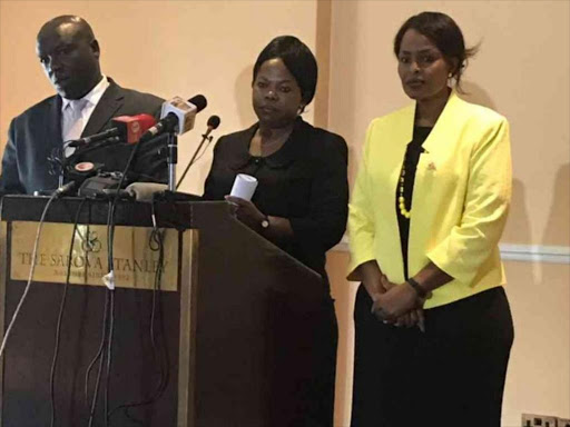 IEBC commissioners Paul Kurgat, Margaret Mwachanya and Vice chairperson Consolata Nkatha announce their resignations during a press conference in Nairobi, April 16, 2018. /COURTESY