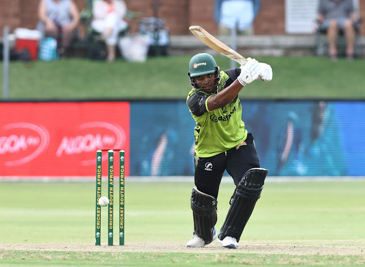 Sinethemba Qeshile of the Warriors follows through on a shot during the CSA T20 Challenge 2024 match against the Dragons at St George’s Park