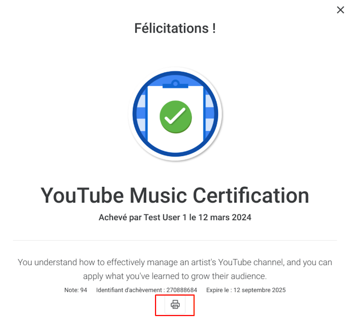 Image montrant aux utilisateurs comment imprimer un certificat depuis la page "Mon profil" dans Skillshop.