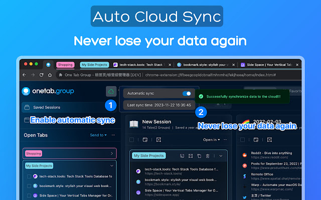 I built a Chrome Extension alternative to OneTab or Session Buddy, Your  All-in-one tab/tab group manager for Chrome. It supports cloud sync  feature, never miss your tabs again. : r/browsers