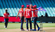 Kagiso Rabada of the Imperial Lions celebrates a wicket during the CSA T20 Challenge match between Imperial Lions and Dafabet Warriors at Hollywoodbets Kingsmead Cricket Stadium on February 20, 2021 in Durban, South Africa.