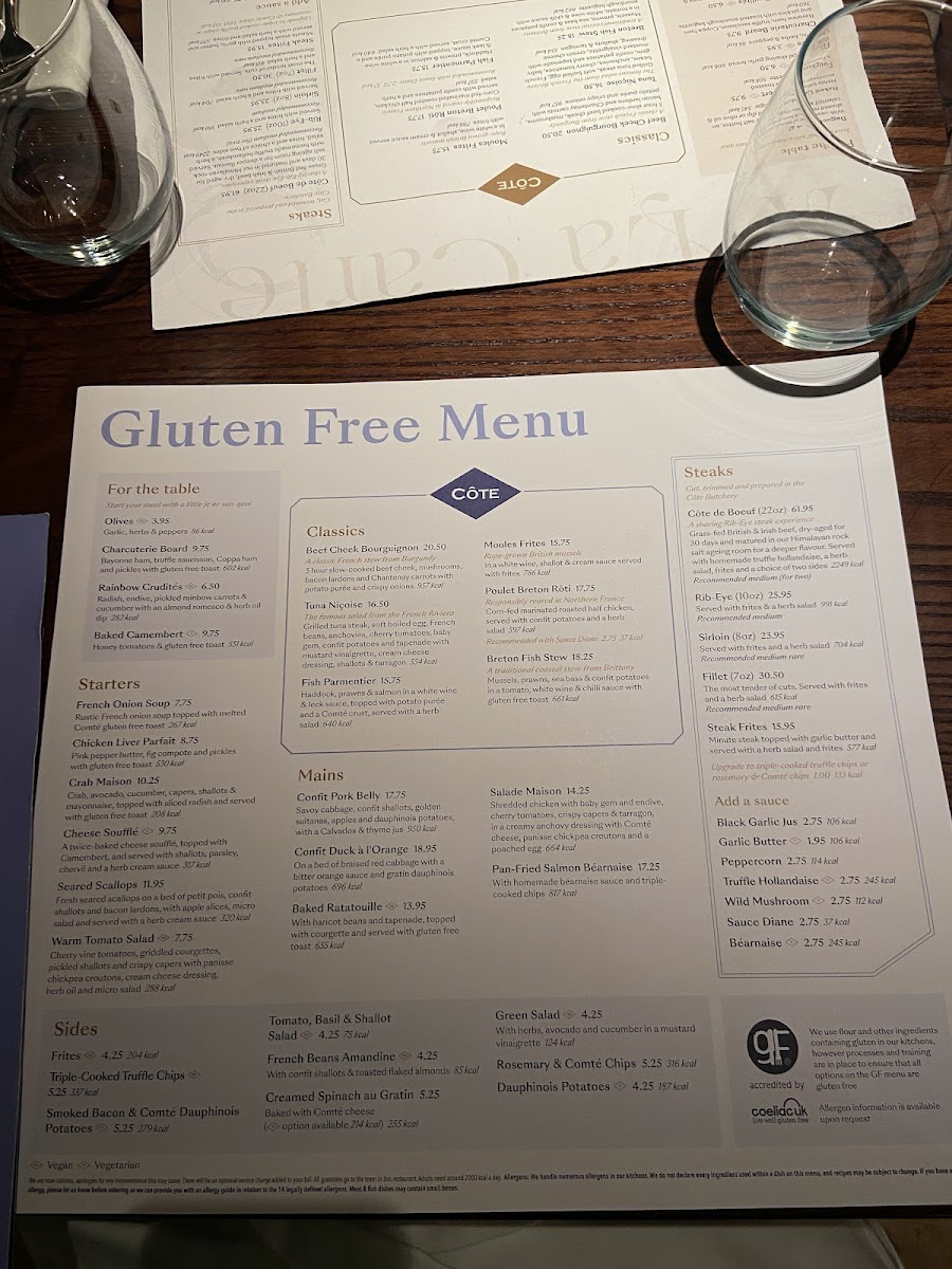 Cote Brasserie gluten-free menu