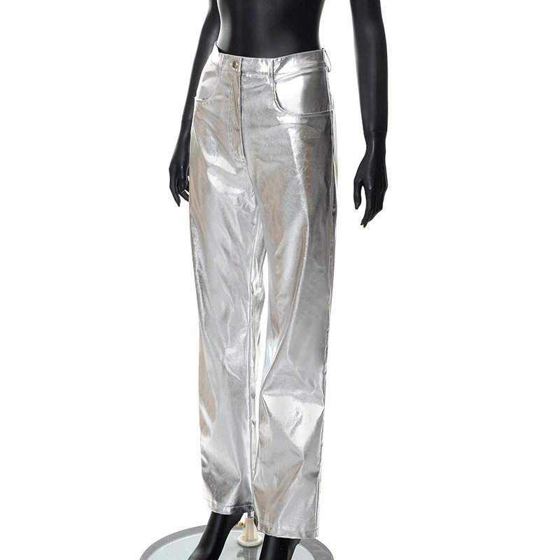 Pantalones Casuales de Mujer Holgados con Bolsillos, Cremallera y PU Brillante, Moda Otoño Invierno, Ajuste Relajado y Estilo Moderno.