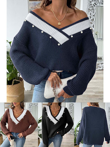 Title 12, Womens Pearl Beaded Top Color Contrast Patchwork