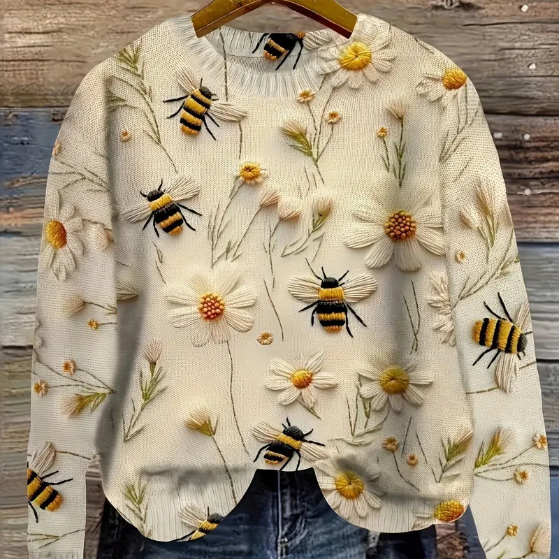 Little Flower Digital Printed Round Neck Sweater for women, comfortable and stylish, perfect for everyday wear, a fresh 