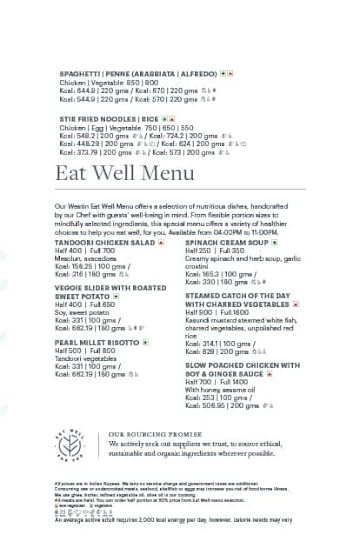 Willows, The Westin Chennai Velachery menu 