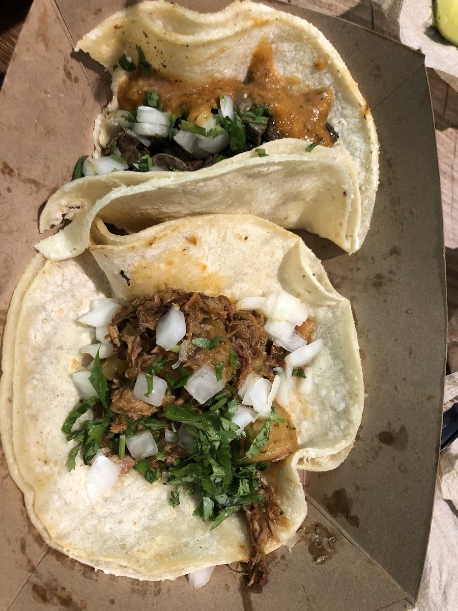 Al pastor and Carne Asada tacos, double taco keeps from tearing