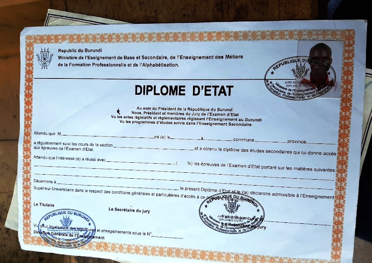 A Burundian secondary school examination certificate found at the internet shop in Koeberg Road, Cape Town, on October 3 2019.