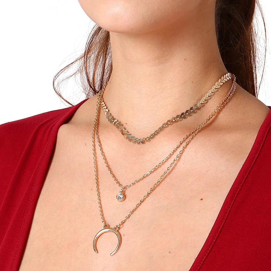 Vintage Ethnic Style Accessories Alloy Pendant Drill Multi Layer Clavicle Necklace