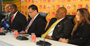 A file photo of Niel Lazarus (far left) former SAFA President Kirstern Nematandani (second from left) Danny Jordan, Mandla Mazibuko and Vivian Cassaletti during the SAFA press conference at the SAFA house.           