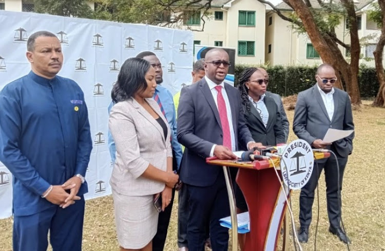 LSK president Eric Theuri addressing the media on August 29, 2023 together with officials of civil society organisations.