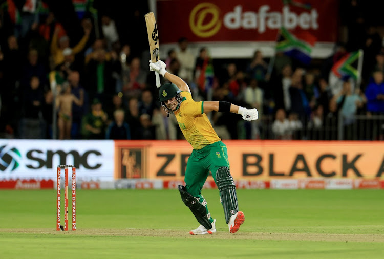 South Africa's Tristan Stubbs celebrates after scoring the winning runs in the second T20 against India at St George's Park in Gqeberha on Sunday night.