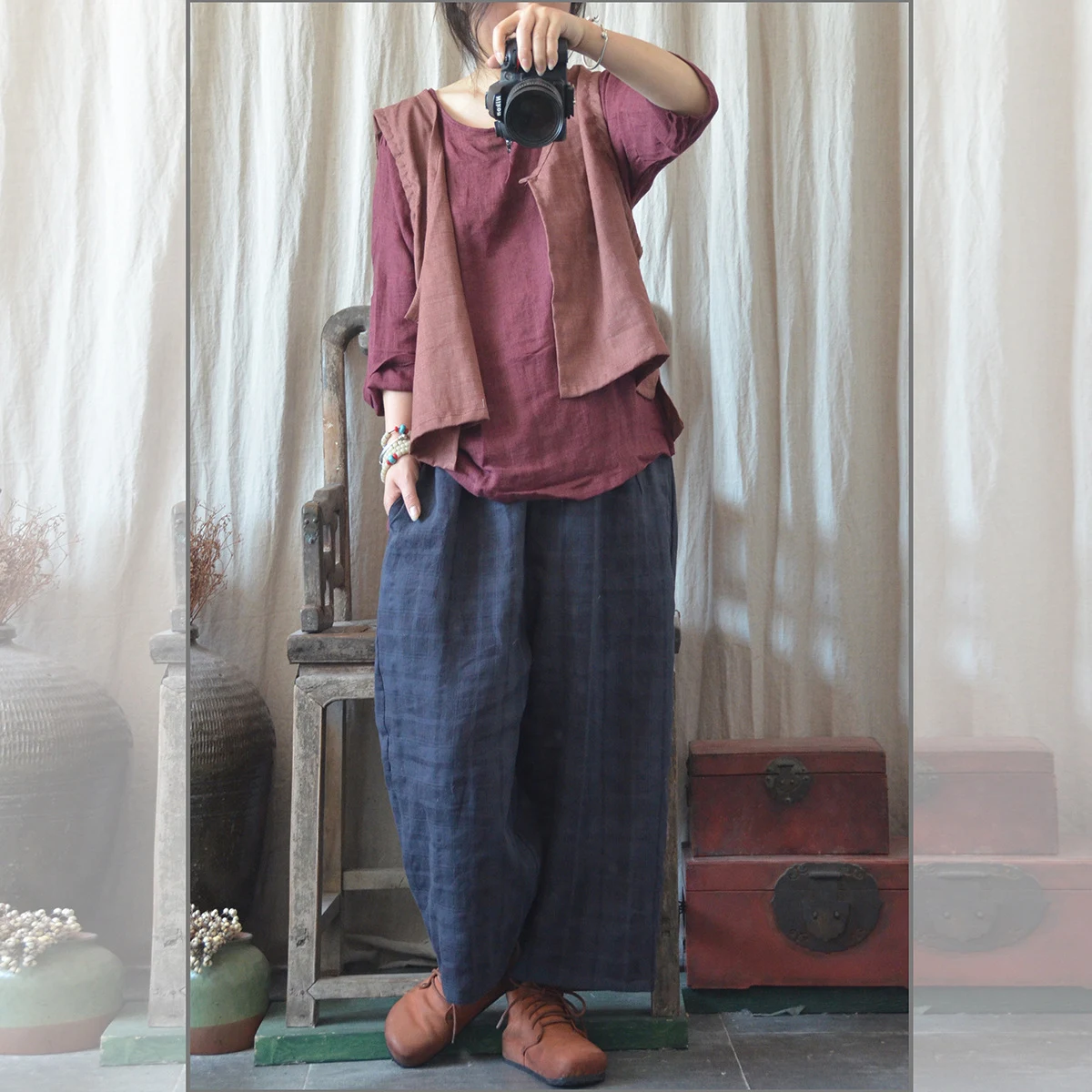 Title 25, Pantalones de lino holgados de talla grande par...