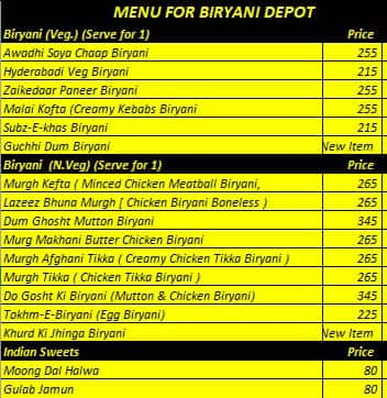 Biryani Depot menu 