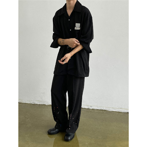 Title 5, Luxury Satin Fabric Cuban Collar Drape Long-sle...