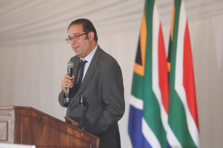 Sam Gurney pays tribute to his father, former foreign affairs deputy minister Aziz Pahad, at his funeral in Johannesburg on September 30 2023.