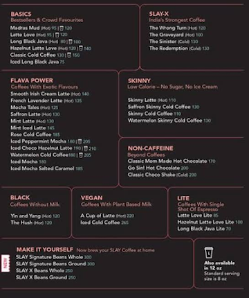 Slay Coffee menu 