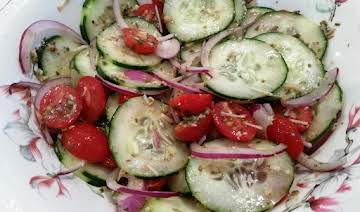 ~ Cucumber, Tomato, Onion Salad & Pesto Dressing ~