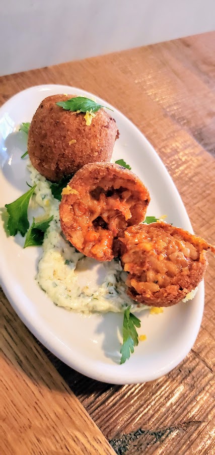 A Dinner at Monteverde in Chicago, 'Nudja Aracini, Sicilian rice balls, manchego, caper aioli