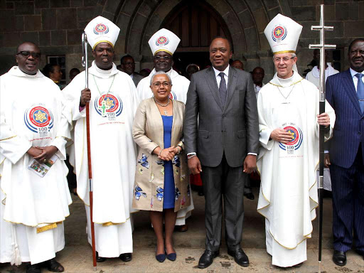 Canon Sammy Wainaina, Anglican church of Kenya Archbishop Jackson Ole Sapit, first lady Margaret Kenyatta, Archbishop of Canterbury Justin Welby and Opposition leader Raila Odinga during the Centenary celebration in Nairobi on November 5,2017./ENOS TECHE