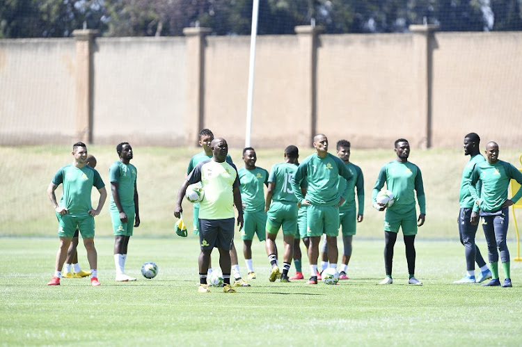 Pitso Mosimane and his players during the Mamelodi Sundowns training session and press conference at Chloorkop on March 05, 2020 in Pretoria, South Africa.