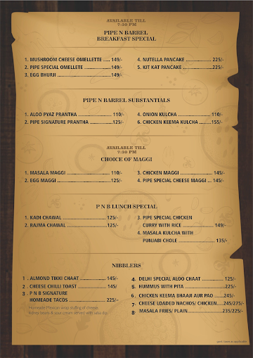 Pipe And Barrel menu 