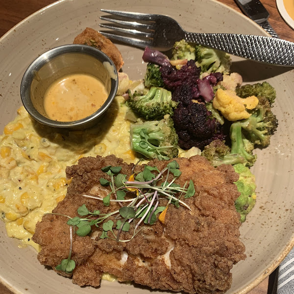 Fried grouper with cream corn and steamed veggies. Yum!