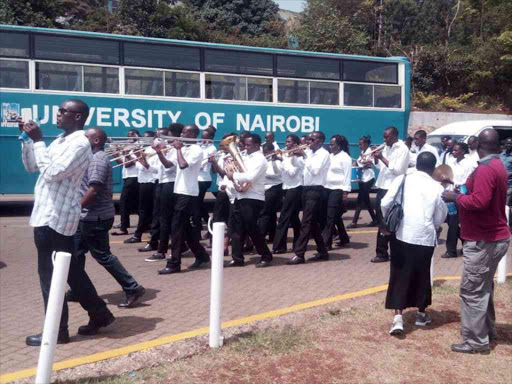 Pamoja Band from Rongai leads striking lecturers in a march from University of Nairobi, in a demand for the fulfillment of their 2013-17 Collective Bargaining Agreement, February 22, 2017. /EMMANUEL WANJALA