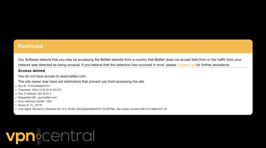 Betfair error message