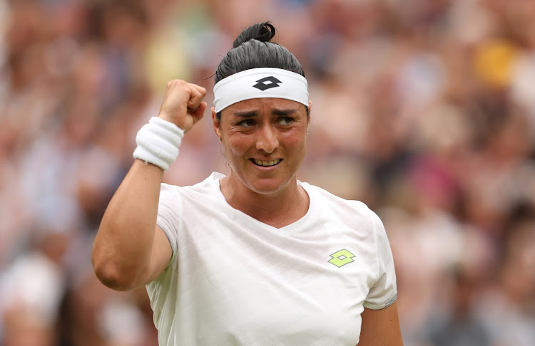 Ons Jabeur of Tunisia reacts during the Wimbledon final against Marketa Vondrousova of Czech Republic at the All England Lawn Tennis and Croquet Club on July 15 2023