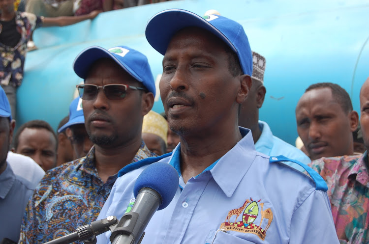 Wajir Governor Mohamed Abdi speaks at Orahey in Wajir town on Thursday during the launch of emergency water bowsers.