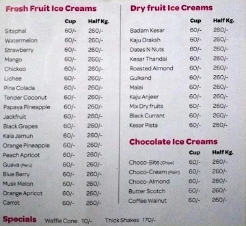 Tender Fresh Ice Creams menu 