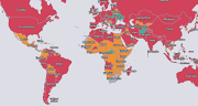 The map showing countries with restrictions on travellers from SA. 