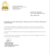 The comunication by the chief registrar confirming that the office of the chief justice has no knowledge of the document Makwarela purported as a court order.