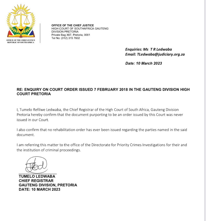 The comunication by the chief registrar confirming that the office of the chief justice has no knowledge of the document Makwarela purported as a court order.