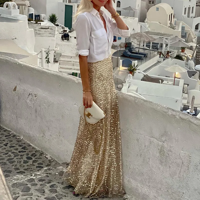 Dames Lange Rok met Pailletten Schittering en Glamour voor Feesten en Evenementen Een opvallende feestrok voor jouw outfit