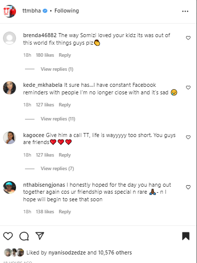 Comments on TT Mbha's Instagram post.