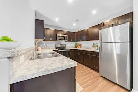 View of kitchen with stainless steel appliances, plank floors, stone counters, dark cabinets