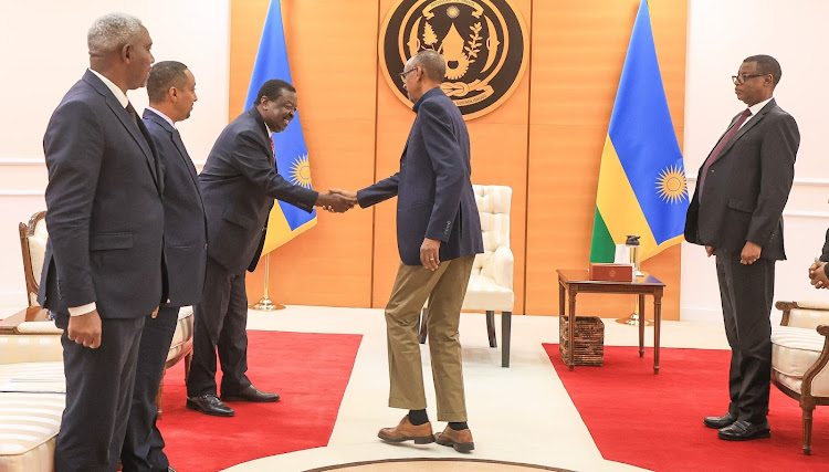 Rwanda President Paul Kagame greets Prime Cabinet Secretary and Cabinet Secretary for Foreign and Diaspora Affairs Musalia Mudavadi in Kigali, Rwanda on October 6, 2023