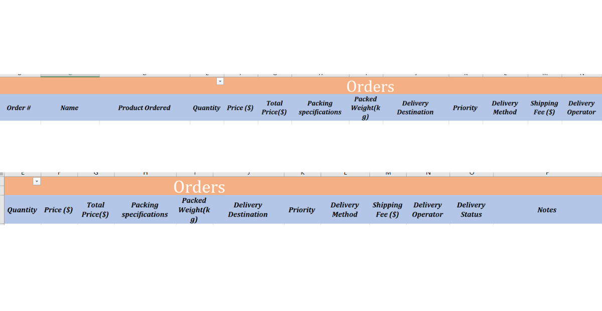 Logistics tracking spreadsheet excel | Column headers | define column headers for your data points