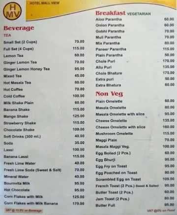 Hotel Mallview menu 