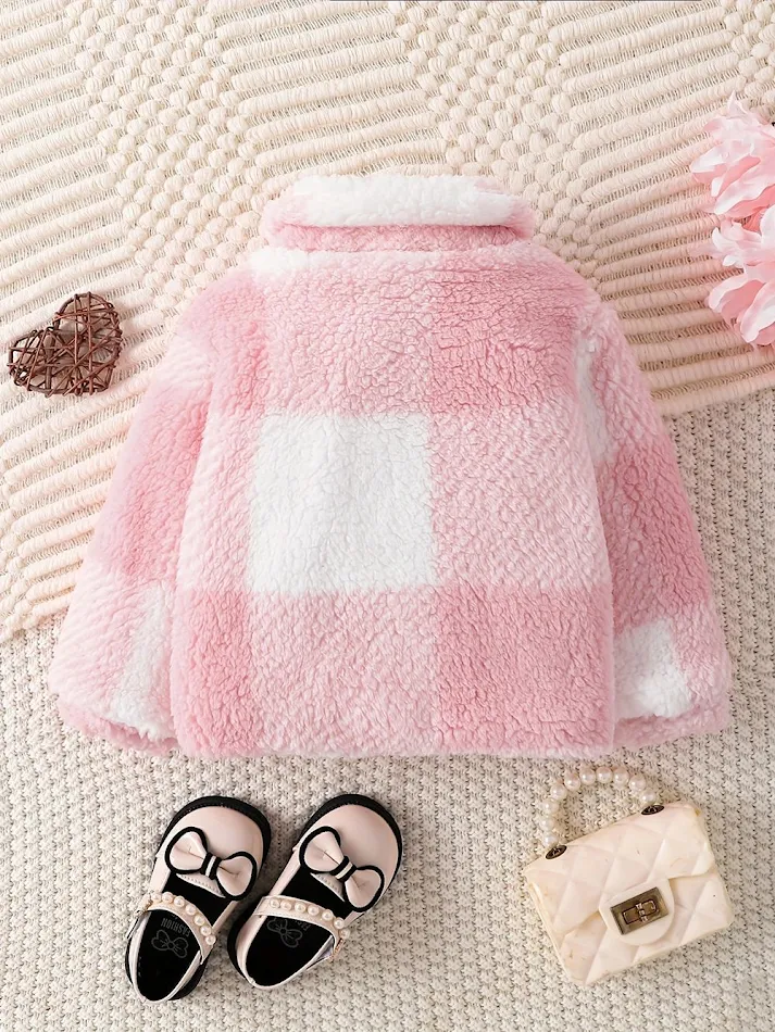 Mädchen Herbst Winter Kleid, Revers, Karomuster, Langarm, Koreanischer Stil, samtig, modisch, warmes Mädchenkleid