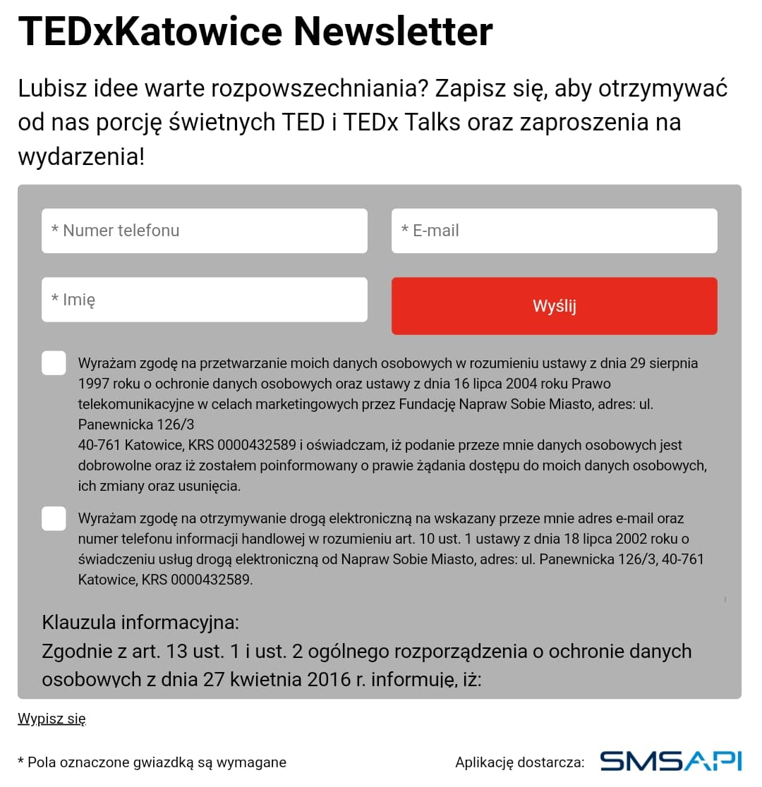 Newsletter SMS na stronie TEDxKatowice